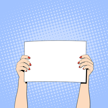 Female hands holding a white blank banner, pop art style. Vector illustrationのイラスト素材