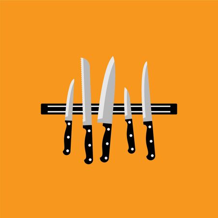 Set of knives on magnetic holder. Illustration in flat styleのイラスト素材