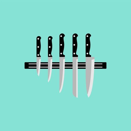 Set of knives on magnetic holder. Illustration in flat styleのイラスト素材