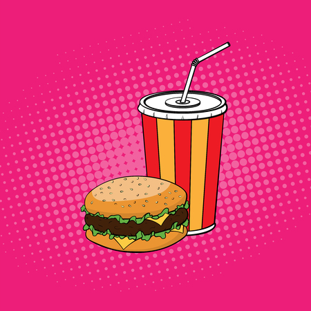 Burger with paper cup of cola illustration in pop art style. Vecのイラスト素材