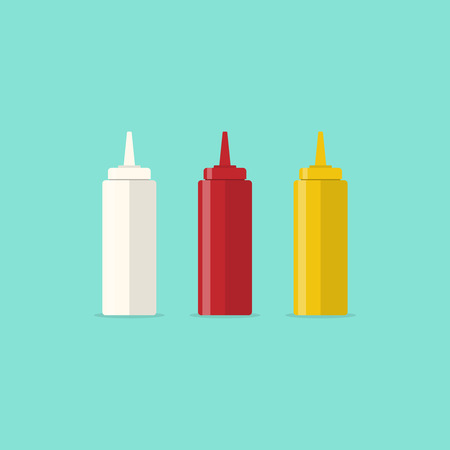 Ketchup, mustard and mayonnaise bottles with sauce for fast food. Illustration in flat style のイラスト素材
