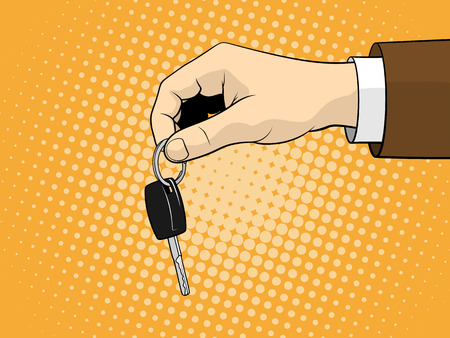 Man holding car key. Vector illustration. Pop art styleのイラスト素材