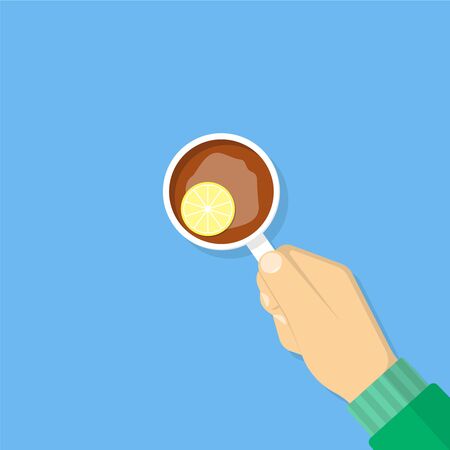 A mug of tea in the hand is a top view. Flat design styleのイラスト素材