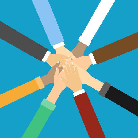 Friends with stack of hands showing unity and teamwork, top view. Vector illustration in flat style.