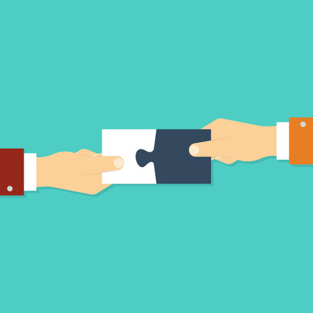 Teamwork and cooperation concept. Hands holding puzzle pieces together. Vector illustration in flat styleのイラスト素材