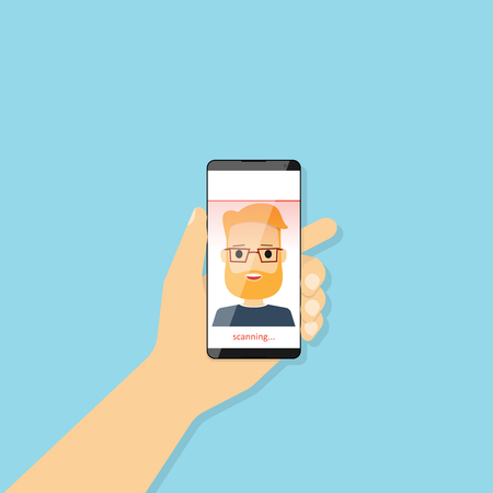 Face ID, face recognition system. Hand holding smartphone with human head and scanning app on screen. Vector illustration in flat styleのイラスト素材
