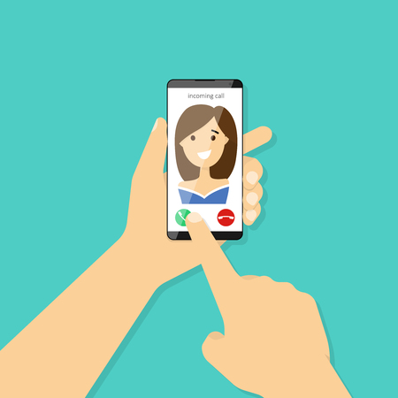 Incoming call on smartphone screen. Hand holding smartphone. Vector illustration flat designのイラスト素材