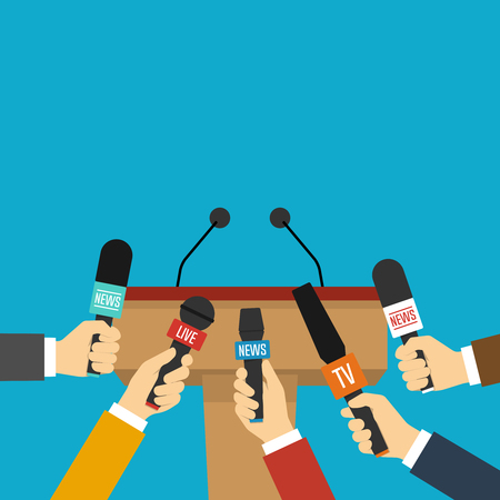 Rostrum, tribune and hands of journalists with microphones. Press conference concept. Vector illustration in flat styleのイラスト素材