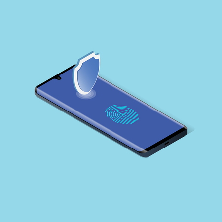 Smartphone with fingerprint on screen in isometric. Fingerprint recognition technologyのイラスト素材