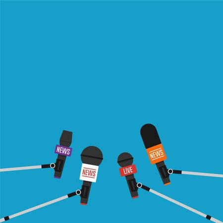 Microphones on long stick performing interview. Vector illustration in flat styleのイラスト素材