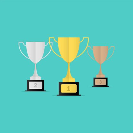 Gold, silver and bronze winners cup in flat style. Vector illustrationのイラスト素材