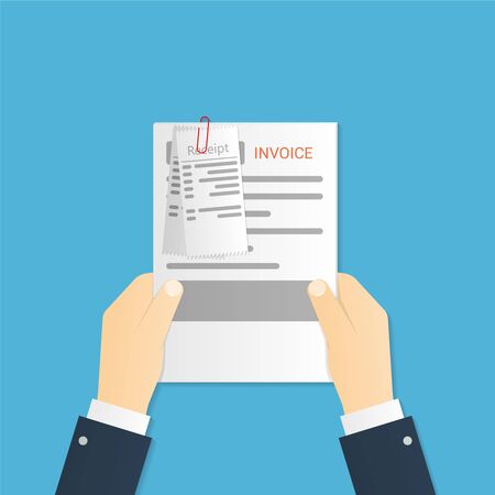 Hand holding invoices and receipt. Vector illustration in flat styleのイラスト素材