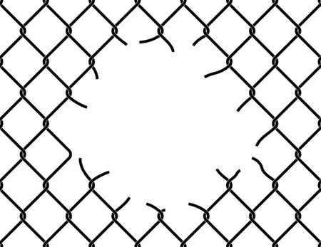 Mesh netting torn. Hole in the center of mesh fence. Vector backgroundのイラスト素材
