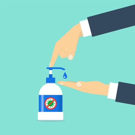 Applying a moisturizing sanitizer. Man washing hands. Vector illustration in flat designのイラスト素材