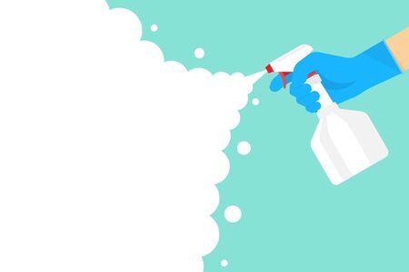 Man in gloves holds bottle of antiseptic spray. Disinfectant concept. Vector backgroundのイラスト素材
