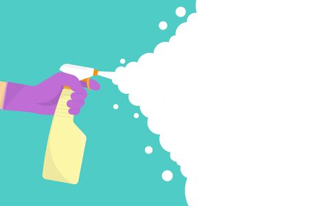 Man in gloves holds bottle of antiseptic spray. Disinfectant concept. Vector backgroundのイラスト素材