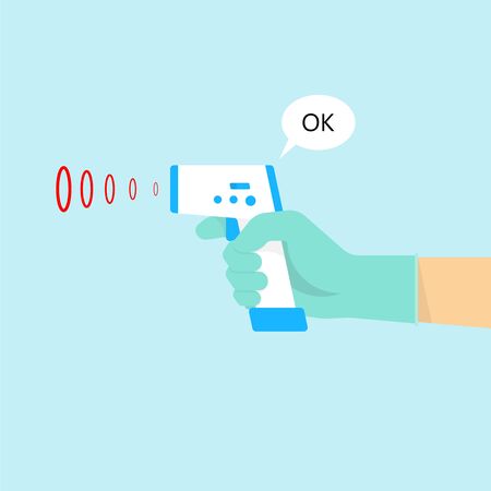 Non-contact thermometer in hand doctor. Medical thermometer measuring body temperature. Vector in flat styleのイラスト素材