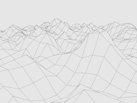 Wireframe polygonal landscape, Terrain with connected lines and dots.のイラスト素材