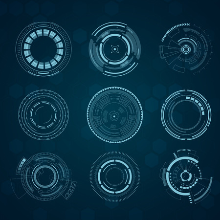 Set of sci fi futuristic user interfaces on blue background. Vector illustration.のイラスト素材