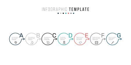 Business infographics timeline design template with icons and 7 steps. Can be used for workflow layout, diagram, annual report, web designのイラスト素材