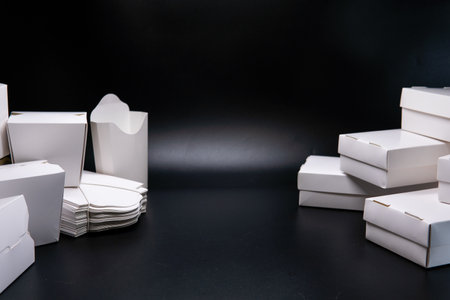 kraft paper food packaging on black background. Street food paper packaging, recyclable paperware, zero waste packaging concept. copyspace. for sushi, Asian WOK, fried potatoes.の写真素材