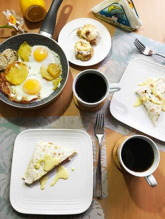 home-made healthy breakfast and coffee. organic food. healthy eating. family breakfast