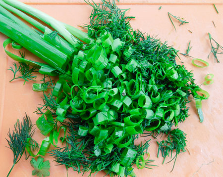 fresh homemade organic green onions and dill on a chopping boardの写真素材