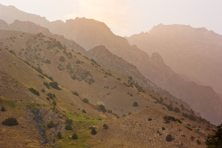 background layered mountain hills with trees at sunsetの写真素材