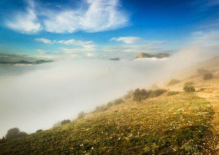 creeping fog in mountain valley at sunset with colorful skyの写真素材