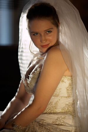 Portrait of young bride in wedding dressの写真素材