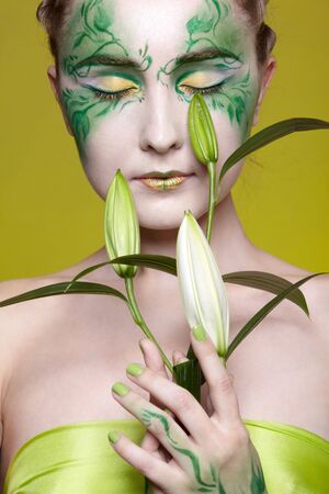 portrait of beautiful elven girl with eyes shutの写真素材