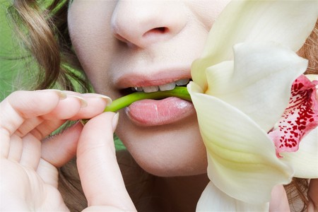 close-up of girl's lower part of face and lily flowerの写真素材
