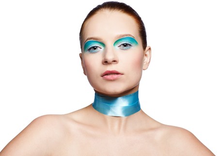 portrait of beautiful european redhead girl on whiteの写真素材