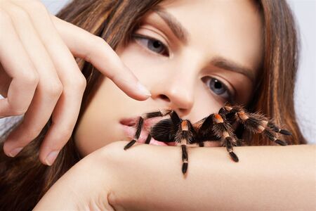 close-up portrait of girl stretching out finger to touch brachypelma smithi spiderの写真素材