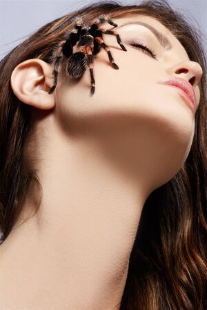 close-up portrait of girl with brachypelma smithi spider creeping over her faceの写真素材