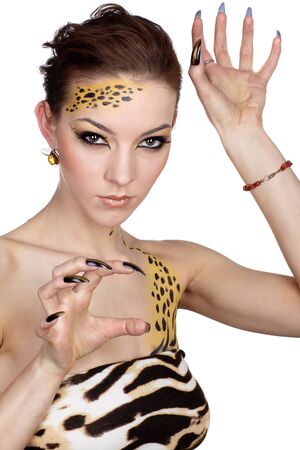 portrait of girll in cat make-up and bodyartの写真素材