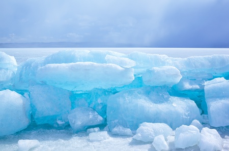 outdoor view of ice blocks at frozen baikal lake in winter