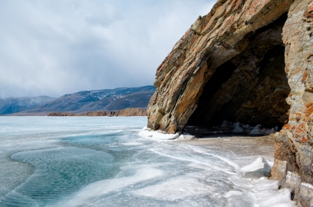 outdoor view of cave at frozen baikal lake in winterの写真素材