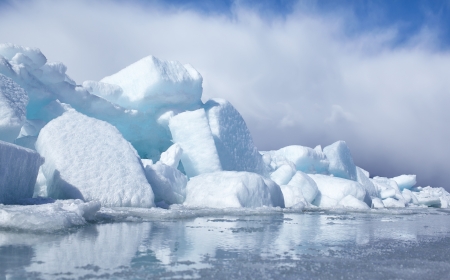 outdoor view of blocks of ice at frozen baikal lake in winter