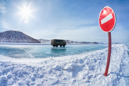 Prohibitive traffic sign on Baikal ice crossing to Olkhon islandの写真素材