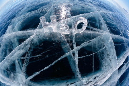 Chemical formula of water H2O made from iceの写真素材