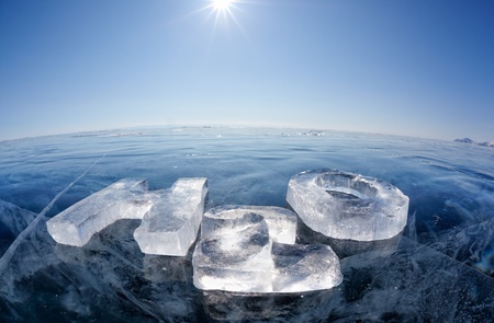Chemical formula of water H2O made from ice on winter frozen lake Baikal の写真素材