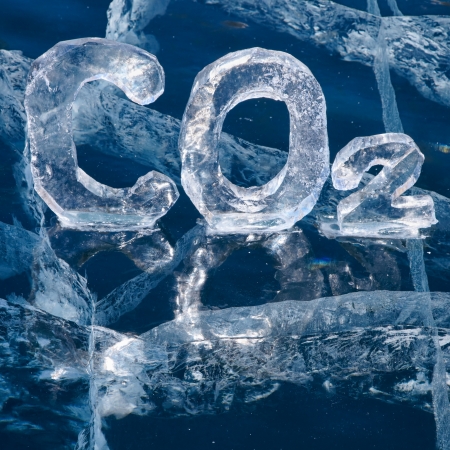 Chemical formula of greenhouse gas carbon dioxide CO2 made from ice on winter frozen lake Baikal の写真素材