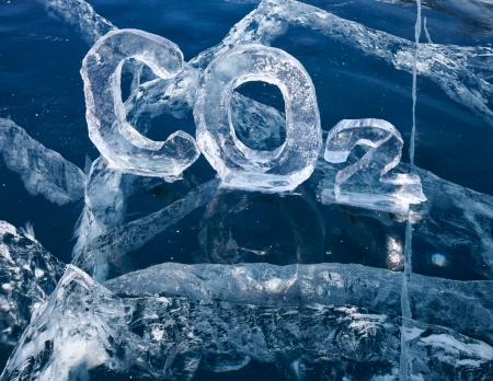 Chemical formula of greenhouse gas carbon dioxide CO2 made from ice on winter frozen lake Baikal 