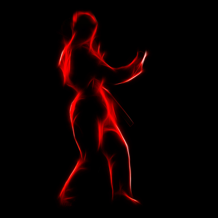 Fractal full-length silhouette portrait of beautiful martial arts girl in kimono excercising karate kata on blackの写真素材