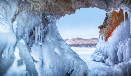Ice cave near siberian lake Baikal in winterの写真素材