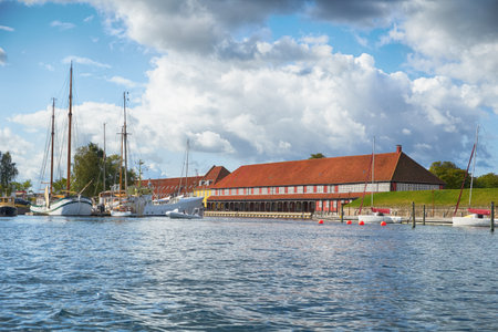 The red roof houses near a harbour with a ships, boats and sailboats, Copenhagen, Danmark.のeditorial素材
