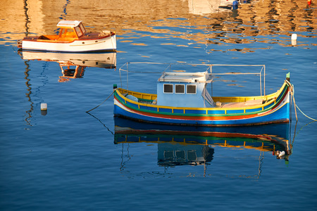National maltese bout luzzu in malta bay between Birgu and Kalkara at morning timeの写真素材
