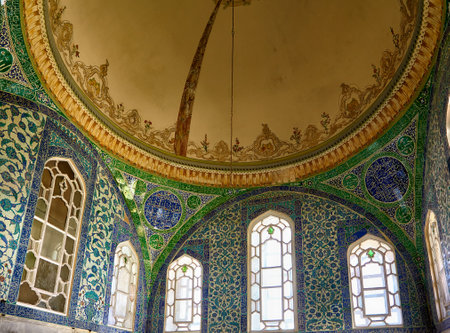 ISTANBUL, TURKEY - JULY 12, 2014: The interior decoration with some Islamic elements blue tiles,  oriental ornaments and Arabic ligature in Harem of Topkapi Palace, Istanbul, Turkeyのeditorial素材