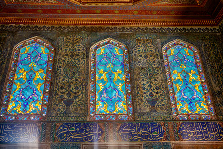 ISTANBUL, TURKEY - JULY 12, 2014: Staned glass windows with the oriental  ornament in Harem of...